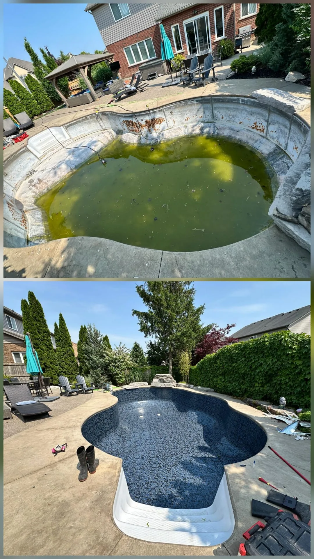 Green pool before and after liner replacement